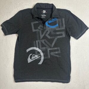 Quiksilver Graphic Polo Shirt Mens Medium Charcoal Gray Big Logo Skater Y2K Surf